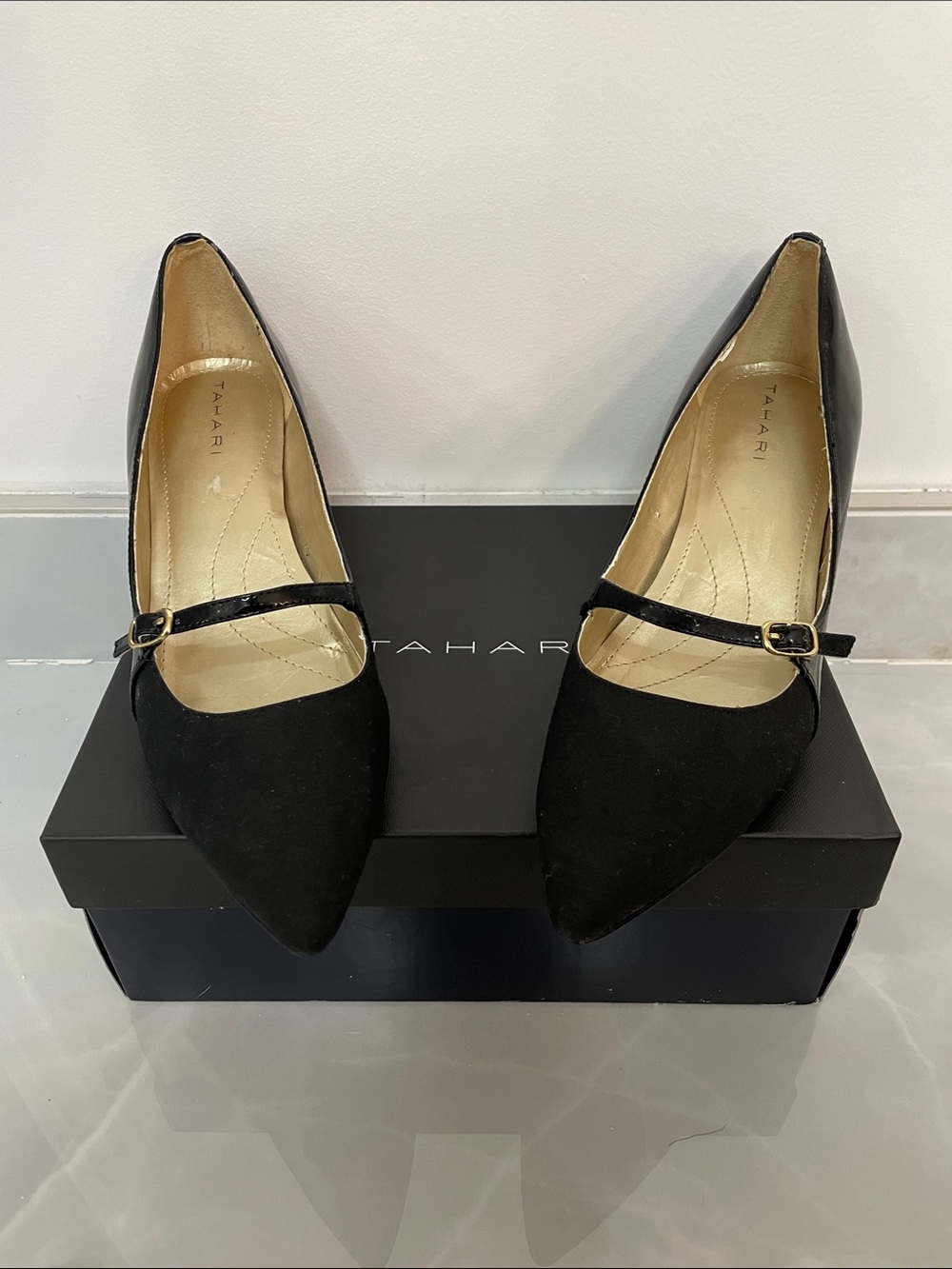 Tahari Black Pointed-Toe Mary Jane Flats with Slim Strap